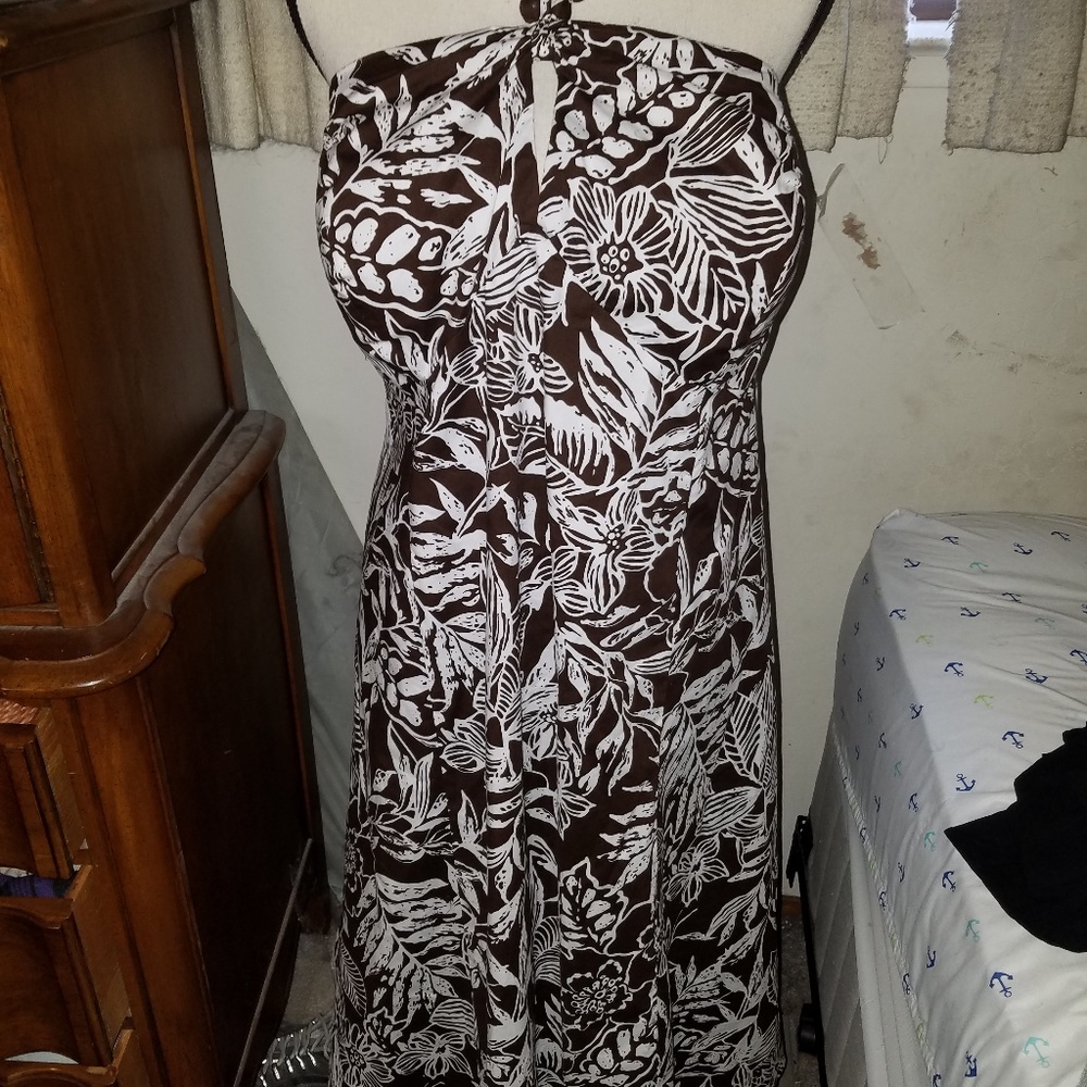 Robbie Bee Brown and White Floral Strapless Maxi Dress
